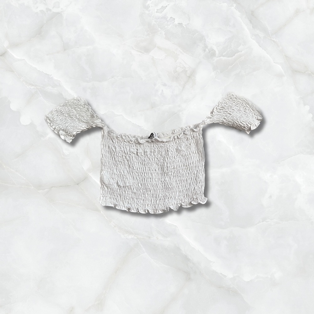 Cute White Shirred Frill Trim Bodice Off the Shoulder Crop Top Made in USA NWT